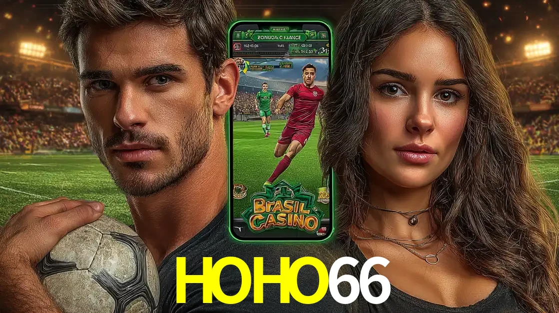 Homem segurando uma bola de futebol e uma mulher ao lado de um smartphone exibindo o jogo de apostas esportivas da HOHO66. Faça seu palpite no cassino online.